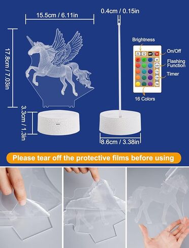 فولوسن هدايا يونيكورن للشوايات، مصباح ليلي وهمي ثلاثي الابعاد بجانب السرير مع جهاز تحكم عن بعد 16 لون متغير وظيفة خافتة، هدايا ابداعية للغرفة/ديكور المنزل واعياد الميلاد للاولاد والبنات in Kuwait