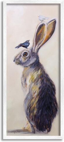 Stupell Industries Minimal Woodland Rabbit مع لوحة طيور جاثمة، تصميم بواسطة Karen Weber Fine Canvas Wall Art، 10 × 24، أبيض فاتح in Saudi Arabia