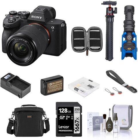كاميرا Sony Alpha a7 IV كاملة الإطار بدون مرآة 4K - حزمة مع بطاقة SD سعة 128 جيجابايت، وحقيبة كتف، وبطارية إضافية، وشاحن، وحزام، وميكروفون، وحامل ثلاثي القوائم، وواقي شاشة، ومرشحات 55 مم، وحافظة بطاقة SD، ومجموعة تنظيف in Saudi Arabia