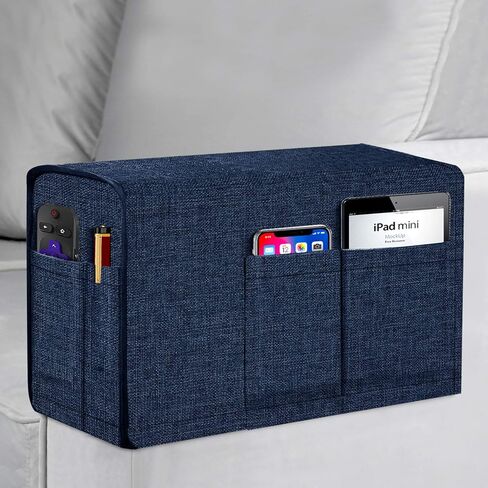 Joywell Linen Armrest Covers for Living Room Anti-Slip Sofa Arm Protector for Dogs, Cats, Pets Armchair Slipcover for Recliner with 4 Pockets for TV Remote Control, Phone, Set of 1, Navy in Kuwait