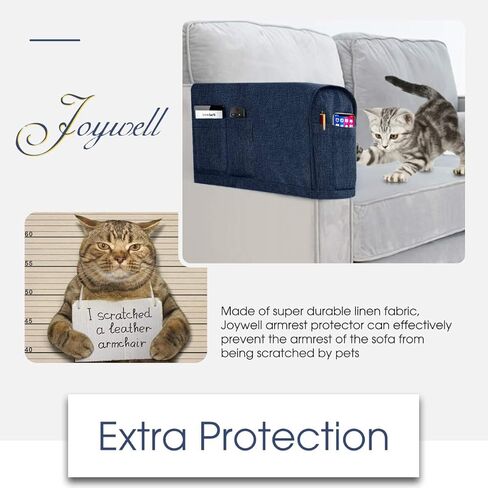 Joywell Linen Armrest Covers for Living Room Anti-Slip Sofa Arm Protector for Dogs, Cats, Pets Armchair Slipcover for Recliner with 4 Pockets for TV Remote Control, Phone, Set of 1, Navy in Kuwait