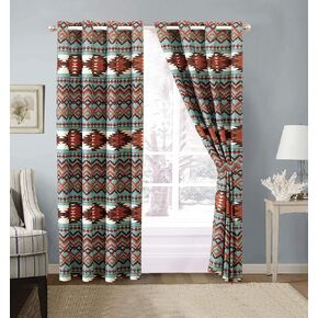 Utah Rustic Western Southwestern Native American Thermal Insulation Grommet Window Curtains Set in Turquoise Blue and Brown and Native American Tribal Patterns - Utah Thermal Curtain Set Turquoise in Kuwait