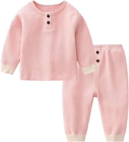 Infant Baby Boy Girl Clothes Henly Tops Pants Set Toddler Cotton Long Sleeve Waffle Knit Outfit in Saudi Arabia