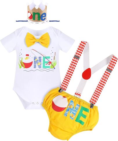 FYMNSI Fishing 1st Birthday Outfit for Baby Boys Bowtie Romper + Shorts + Suspenders + Hat Cake Smash Photo Shoot Clothes Set in Kuwait