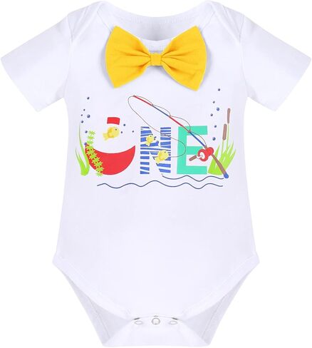 FYMNSI Fishing 1st Birthday Outfit for Baby Boys Bowtie Romper + Shorts + Suspenders + Hat Cake Smash Photo Shoot Clothes Set in Kuwait