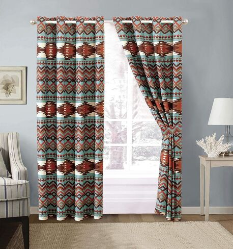 Utah Rustic Western Southwestern Native American Thermal Insulation Grommet Window Curtains Set in Turquoise Blue and Brown and Native American Tribal Patterns - Utah Thermal Curtain Set Turquoise in Kuwait