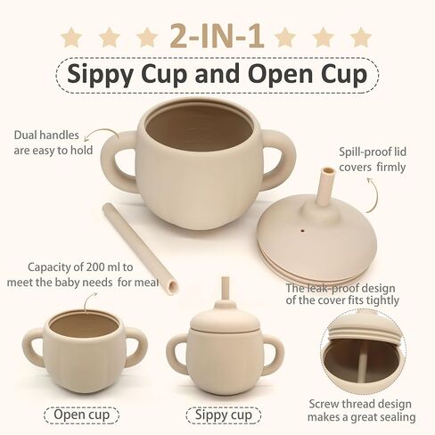 كوب سانتي آند مي 2-1 من السيليكون للأطفال، كوب مضاد للانسكاب للأطفال من سن 6 إلى 12 إلى 18 شهرًا، أكواب مياه مفتوحة للتدريب مع مقبض سهل الإمساك، أكواب فطام LED للأطفال - خالية من مادة BPA - 8.8 أونصة (أزرق مترب) in Kuwait