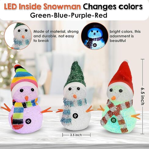 Kovot 7 "أضواء LED متغيرة الألوان لرجل الثلج | مجموعة من 3 رجال ثلج صغيرين مع قبعة ملونة ووشاح | ديكور عيد الميلاد للطاولة والعداد ومكتب المكتب وحلية شجرة عيد الميلاد in Kuwait