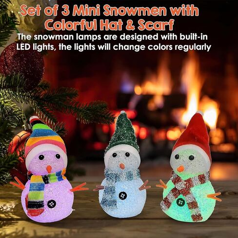 Kovot 7 "أضواء LED متغيرة الألوان لرجل الثلج | مجموعة من 3 رجال ثلج صغيرين مع قبعة ملونة ووشاح | ديكور عيد الميلاد للطاولة والعداد ومكتب المكتب وحلية شجرة عيد الميلاد in Kuwait