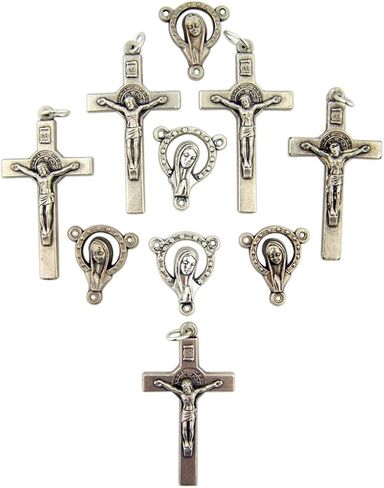 هدايا دينية فضية لهجة سانت بينديكت كروسيفيكس مع مسبحة سانت ماري من قطعة مركزية، مجموعة من 10، 1 1/2 بوصة in Kuwait