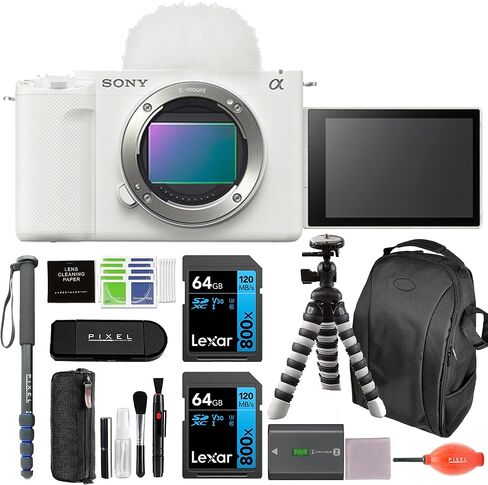 Sony ZV-E1 Mirrorless Camera (White) Advanced Accessory Bundle with 2 x 64GB SD Card, Gadget Bag, Flexible Tripod, & More in Saudi Arabia