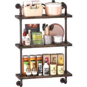 PUSDON Industrial Pipe Shelving Wall Mounted 3 Tier 32 Inch, Bathroom Metal Floating Shelves Bronze, Wood Hanging Storage Bookshelf, Heavy Duty Sturdy Rack for Home Office Garage Farmhouse Bar