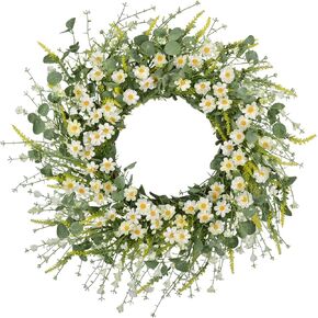 24 Inch Artificial Daisy Flower Spring Wreath with Eucalyptus Green Leaves Wreath Farmhouse Wreath for Front Door Wall Home Party Decoration(White)