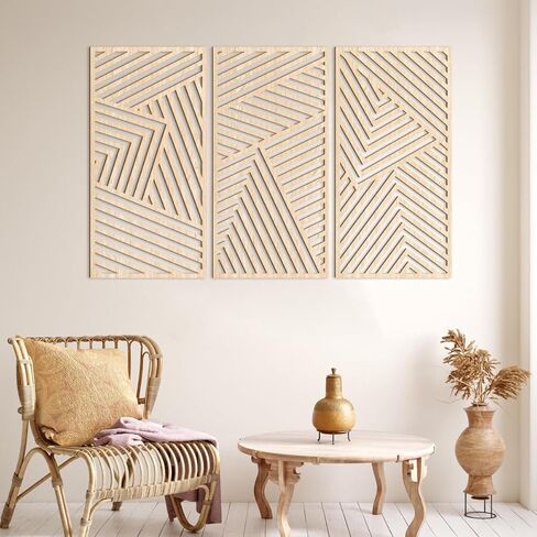 اوياو لوحة فنية جدارية خشبية هندسية بسيطة مفرغة بتصميم بوهيمي كبير لديكور الحائط، 3 لوحات منحوتات جدارية لغرفة المعيشة وغرفة النوم والمكتب 16 × 32 انش in Kuwait