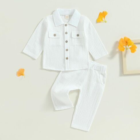 Baby Boy Girl Fall Winter Clothes Cotton Linen Long Sleeve Button Down Shirt Elastic Waist Pants Set 2Pcs Outfits in Saudi Arabia