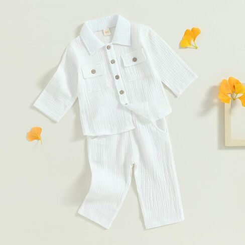 Baby Boy Girl Fall Winter Clothes Cotton Linen Long Sleeve Button Down Shirt Elastic Waist Pants Set 2Pcs Outfits in Saudi Arabia