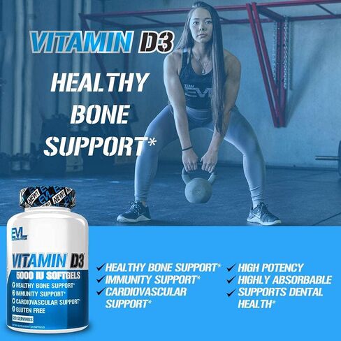 Evlution Nutrition فيتامين د3، 5000 وحدة دولية، قوة عالية، دعم العظام والمفاصل، صحة الجهاز المناعي، غير معدل وراثيًا وخالي من الغلوتين، حجم القيمة (120 حصة) in Kuwait