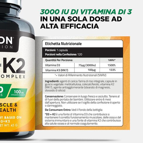 120 Vegetarian Tablets - Vitamin D3 3,000 iu & Vitamin K2 100ug (mk7) - UK Formulated - Vitamin D Supplement - Bone, Muscle, Blood & Immune Support for Men & Women in Kuwait