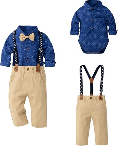 MOMMY'S NEW MAN Newborn Baby Boy Clothes Tuxedo Short Sleeve Gentleman Outfits 0-24M Shirt+Bowtie+Beret Hat+Suspender Pants in Saudi Arabia