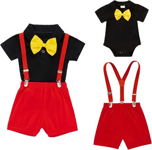 MOMMY'S NEW MAN Newborn Baby Boy Clothes Tuxedo Short Sleeve Gentleman Outfits 0-24M Shirt+Bowtie+Beret Hat+Suspender Pants in Saudi Arabia