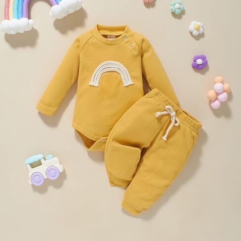 Hnyenmcko Fall Winter Newborn Baby Boy Girl Clothes Long Sleeve Rainbow Romper Tops Pants 2Pcs Infant Solid Outfits Set in Saudi Arabia