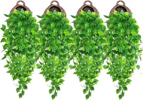 4 Pcs Artificial Hanging Plants 3.6ft Fake Ivy Vines Hanging Wall Plants Fake Ivy Green Leaves Room Decor Home Garden Wedding Party Indoor Outdoor Decorations (Basket Not Included) in Kuwait