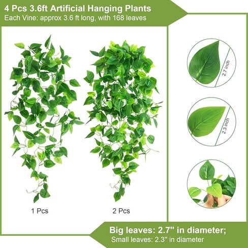 4 Pcs Artificial Hanging Plants 3.6ft Fake Ivy Vines Hanging Wall Plants Fake Ivy Green Leaves Room Decor Home Garden Wedding Party Indoor Outdoor Decorations (Basket Not Included) in Kuwait