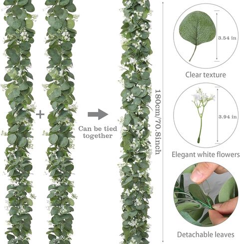 KHOYIME Eucalyptus Garland with White Flowers, 4 Packs 5.9Ft Artificial Silver Dollar Eucalyptus Leaves Plant Fake Greenery Hanging Ivy Vines Faux Wreath for Wedding Arch Party Mantle Table Home Decor in Saudi Arabia