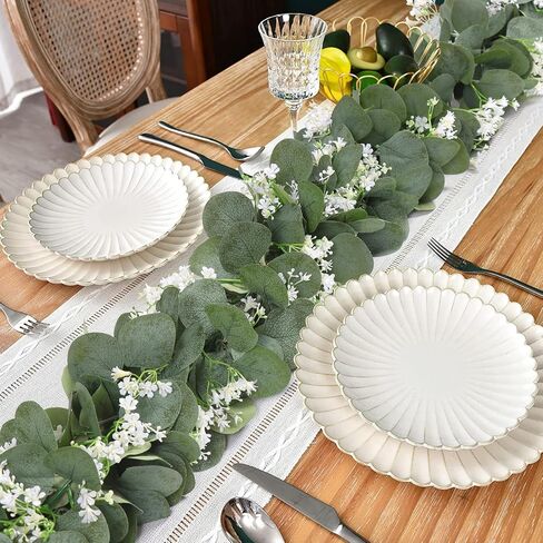 KHOYIME Eucalyptus Garland with White Flowers, 4 Packs 5.9Ft Artificial Silver Dollar Eucalyptus Leaves Plant Fake Greenery Hanging Ivy Vines Faux Wreath for Wedding Arch Party Mantle Table Home Decor in Saudi Arabia