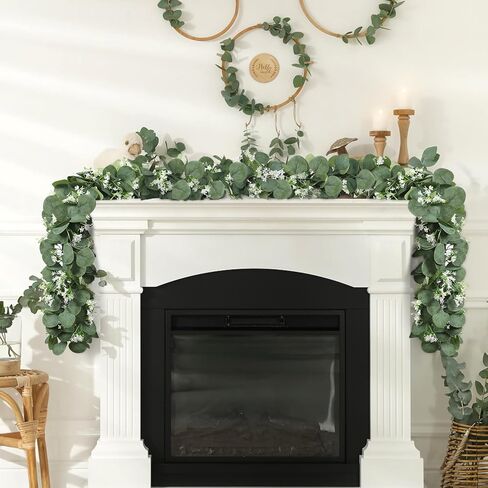 KHOYIME Eucalyptus Garland with White Flowers, 4 Packs 5.9Ft Artificial Silver Dollar Eucalyptus Leaves Plant Fake Greenery Hanging Ivy Vines Faux Wreath for Wedding Arch Party Mantle Table Home Decor in Saudi Arabia