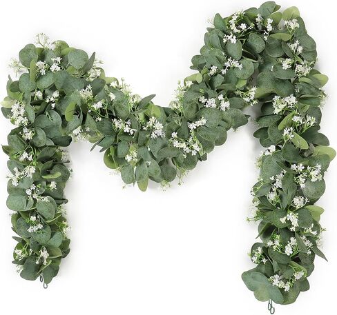 KHOYIME Eucalyptus Garland with White Flowers, 4 Packs 5.9Ft Artificial Silver Dollar Eucalyptus Leaves Plant Fake Greenery Hanging Ivy Vines Faux Wreath for Wedding Arch Party Mantle Table Home Decor in Saudi Arabia