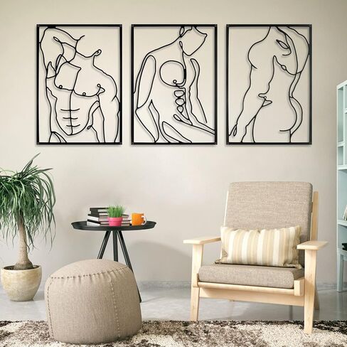 Holylove 3Pcs Metal Wall Decor Set - 0.12" Thicker Modern Minimalist Abstract Men Shape Line Wall Hanging Sculptures -Black Metal Wall Art for Bedroom Living Room Bathroom in Saudi Arabia