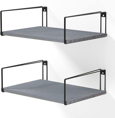 SRIWATANA Wide Floating Shelves, Rustic Wood Wall Shelves Set of 2, Wall Mounted Shelves with Large Capacity for Many Rooms Decor, Black in Saudi Arabia