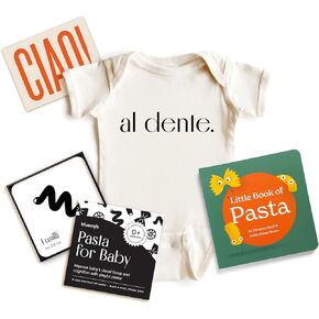 BlueMilk Pasta Baby Bundle Gender Neutral Baby Pregnancy Announcement New Parent Box Unique Italian Foodie Newborn Essentials Book Bodysuit High Contrast Sensory Toys Personalized Postcard Keepsake in Saudi Arabia