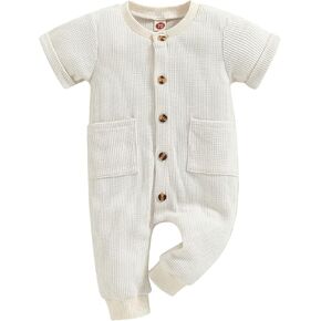 Mandizy Newborn Baby Girl Boy Clothes Summer Short Sleeve Jumpsuit Waffle Knit Solid Color Button Romper Infant Bodysuit in Kuwait