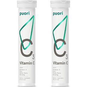 Puori C3 Vitamin C Supplement for Immune and Antioxidant Support - 20 Servings x 2 Packs - Vitamin C, Zinc, Yerba Mate, Ginseng Helps Fight Fatigue and Supports Cognitive Function in Kuwait