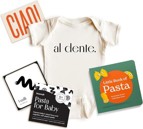BlueMilk Pasta Baby Bundle Gender Neutral Baby Pregnancy Announcement New Parent Box Unique Italian Foodie Newborn Essentials Book Bodysuit High Contrast Sensory Toys Personalized Postcard Keepsake in Saudi Arabia