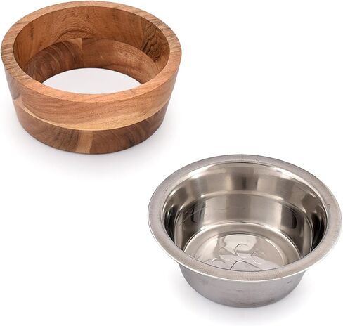 وعاء تغذية من خشب السنط والفولاذ من نيرمان للكلاب/القطط سهل التنظيف، وعاء طعام للجراء، وعاء ماء للكلاب (7 بوصة × 7 بوصة × 2.75 بوصة) in Kuwait