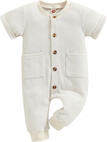 Mandizy Newborn Baby Girl Boy Clothes Summer Short Sleeve Jumpsuit Waffle Knit Solid Color Button Romper Infant Bodysuit in Kuwait