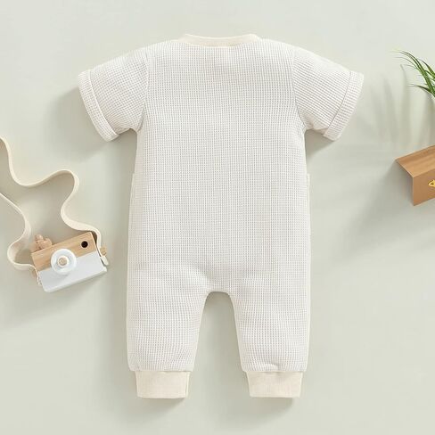 Mandizy Newborn Baby Girl Boy Clothes Summer Short Sleeve Jumpsuit Waffle Knit Solid Color Button Romper Infant Bodysuit in Kuwait