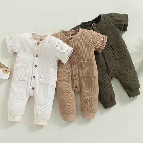 Mandizy Newborn Baby Girl Boy Clothes Summer Short Sleeve Jumpsuit Waffle Knit Solid Color Button Romper Infant Bodysuit in Kuwait