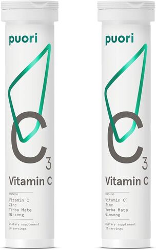 Puori C3 Vitamin C Supplement for Immune and Antioxidant Support - 20 Servings x 2 Packs - Vitamin C, Zinc, Yerba Mate, Ginseng Helps Fight Fatigue and Supports Cognitive Function in Kuwait