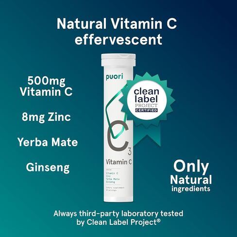 Puori C3 Vitamin C Supplement for Immune and Antioxidant Support - 20 Servings x 2 Packs - Vitamin C, Zinc, Yerba Mate, Ginseng Helps Fight Fatigue and Supports Cognitive Function in Kuwait