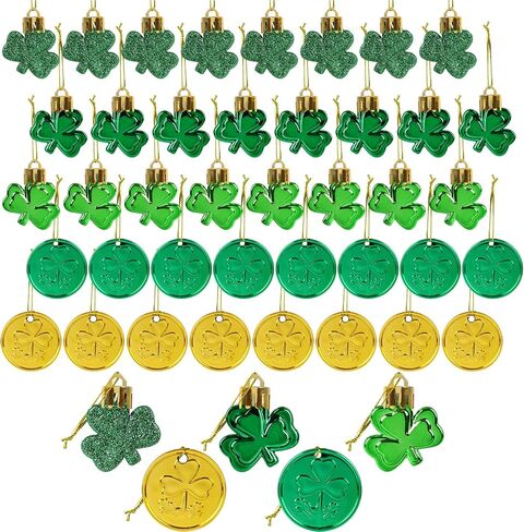 CCINEE 40pcs St Patrick's Day Decorations Shamrock Ornaments and Coins Set Green Gold Plastic Good Luck Clover Hanging Baubles Trefoil Pendant Decoration for Irish Festival Tree Shelf Home Party Decor in Saudi Arabia
