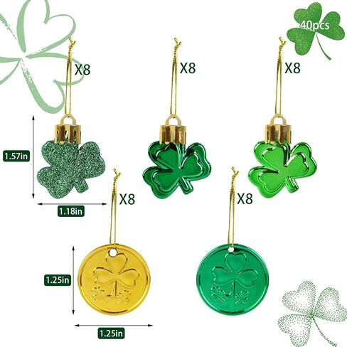 CCINEE 40pcs St Patrick's Day Decorations Shamrock Ornaments and Coins Set Green Gold Plastic Good Luck Clover Hanging Baubles Trefoil Pendant Decoration for Irish Festival Tree Shelf Home Party Decor in Saudi Arabia