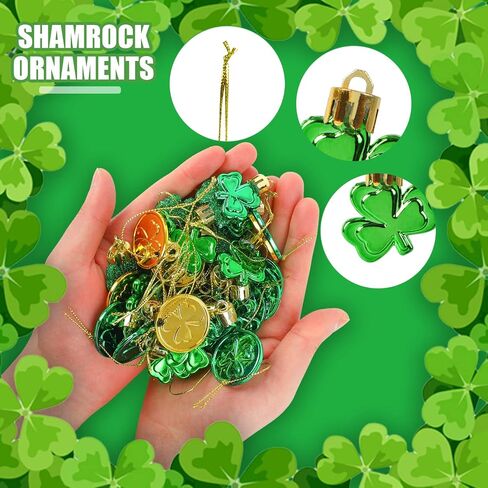 CCINEE 40pcs St Patrick's Day Decorations Shamrock Ornaments and Coins Set Green Gold Plastic Good Luck Clover Hanging Baubles Trefoil Pendant Decoration for Irish Festival Tree Shelf Home Party Decor in Saudi Arabia