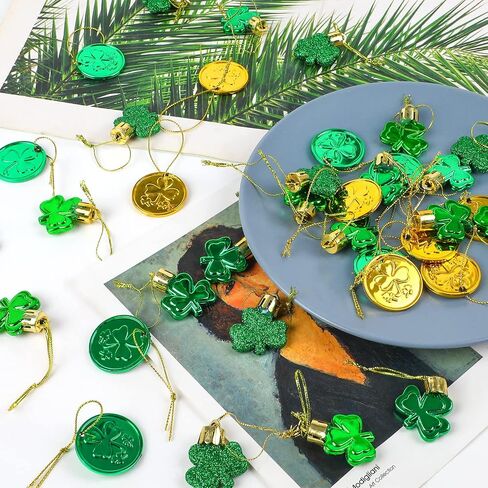 CCINEE 40pcs St Patrick's Day Decorations Shamrock Ornaments and Coins Set Green Gold Plastic Good Luck Clover Hanging Baubles Trefoil Pendant Decoration for Irish Festival Tree Shelf Home Party Decor in Saudi Arabia