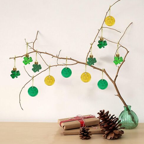 CCINEE 40pcs St Patrick's Day Decorations Shamrock Ornaments and Coins Set Green Gold Plastic Good Luck Clover Hanging Baubles Trefoil Pendant Decoration for Irish Festival Tree Shelf Home Party Decor in Saudi Arabia