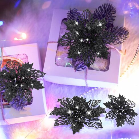 24 Pieces Christmas Glitter Artificial Poinsettia Flowers Christmas Flowers Decorations Wedding Xmas Tree New Year Ornaments (Rose Gold) in Kuwait