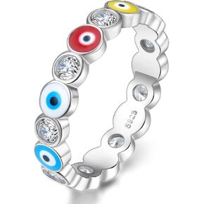 Evil Eye Ring for Women 925 Sterling Silver Gold Plated Multcolors Cubic Zirconia CZ Band Rings Lucky Protection Jewelry Gifts Size 5 to 11 weinuo